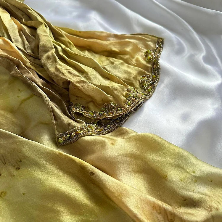 Gold Spaghetti Strap Silk Sheath Prom Dresses Beaded Evening Gowns with Scarf HZ1024