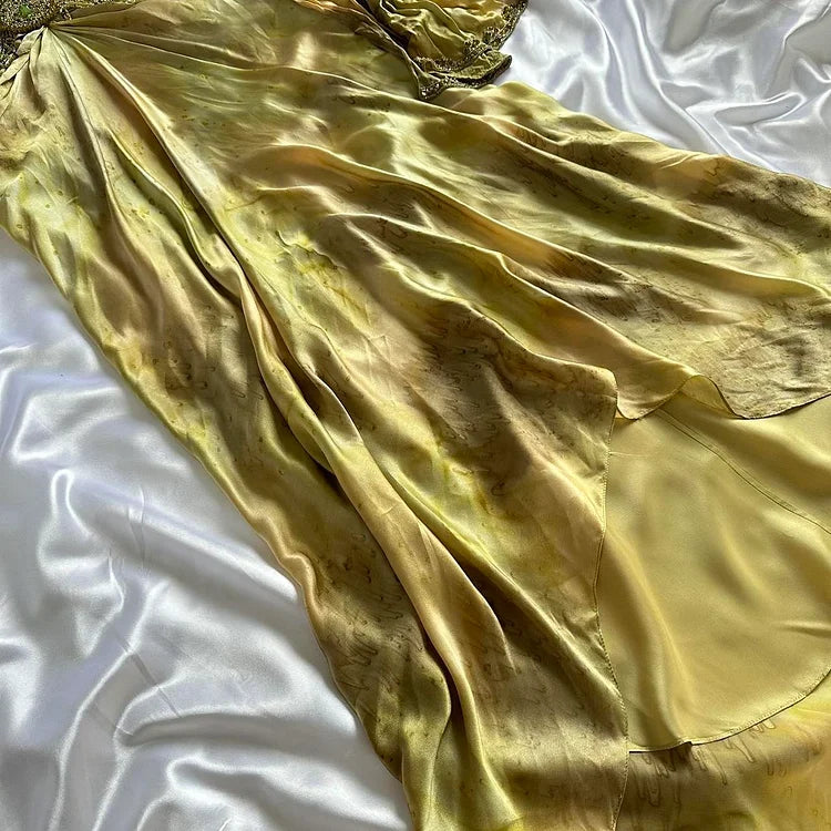 Gold Spaghetti Strap Silk Sheath Prom Dresses Beaded Evening Gowns with Scarf HZ1024
