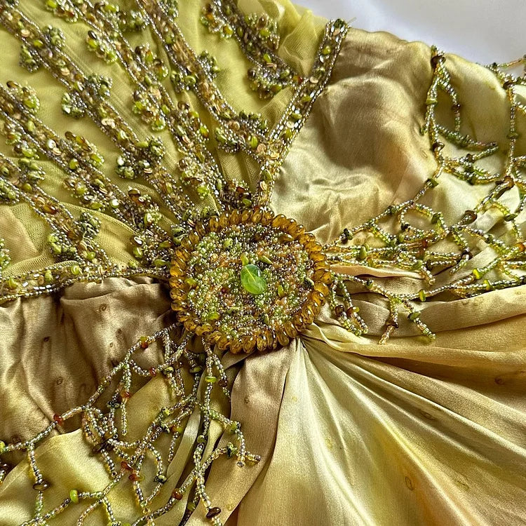 Gold Spaghetti Strap Silk Sheath Prom Dresses Beaded Evening Gowns with Scarf HZ1024