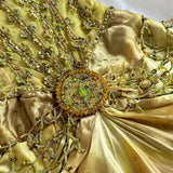 Gold Spaghetti Strap Silk Sheath Prom Dresses Beaded Evening Gowns with Scarf HZ1024