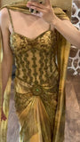 Gold Spaghetti Strap Silk Sheath Prom Dresses Beaded Evening Gowns with Scarf HZ1024