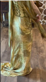 Gold Spaghetti Strap Silk Sheath Prom Dresses Beaded Evening Gowns with Scarf HZ1024