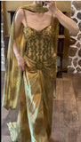 Gold Spaghetti Strap Silk Sheath Prom Dresses Beaded Evening Gowns with Scarf HZ1024
