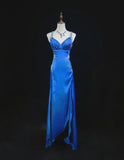 Backless Beaded Satin Sheath Royal Blue Long Prom Dress Formal Evening Gown HZ1024