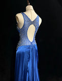 Backless Beaded Satin Sheath Royal Blue Long Prom Dress Formal Evening Gown HZ1024