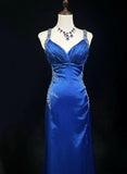 Backless Beaded Satin Sheath Royal Blue Long Prom Dress Formal Evening Gown HZ1024