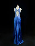 Backless Beaded Satin Sheath Royal Blue Long Prom Dress Formal Evening Gown HZ1024