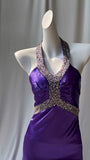 Purple Halter Satin Sheath Beaded Sequins Backless Prom Dress Temperament Evening Dress HZ1024