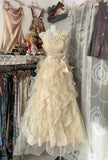 Light Yellow A-Line Spaghetti Straps Tulle Layered Prom Dress Beaded Sequin Birthday Dress HZ1024
