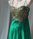 Green Spaghetti Strap Chiffon A-Line Sequin Rhinestone Prom Dress Beautiful Bridal Dress HZ1024