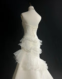 White Strapless Mermaid Organza Long Prom Dress Simple Wedding Dress HZ1024