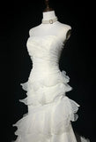 White Strapless Mermaid Organza Long Prom Dress Simple Wedding Dress HZ1024