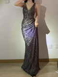 V Neck Lace Sheath Long Prom Dress Sparkling Party Dress HZ1024