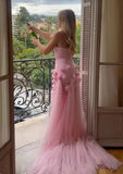 Pink Bodycon Dress Strapless Applique Tulle Long Prom Dress HZ1024