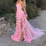 Pink Bodycon Dress Strapless Applique Tulle Long Prom Dress HZ1024