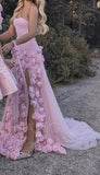 Pink Bodycon Dress Strapless Applique Tulle Long Prom Dress HZ1024