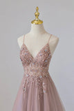 Tulle Long A-Line Prom Dress, Pink Spaghetti Formal Dress with Beaded HZ1024