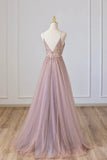 Tulle Long A-Line Prom Dress, Pink Spaghetti Formal Dress with Beaded HZ1024