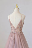 Tulle Long A-Line Prom Dress, Pink Spaghetti Formal Dress with Beaded HZ1024