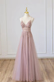 Tulle Long A-Line Prom Dress, Pink Spaghetti Formal Dress with Beaded HZ1024