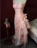 Blush Pink Spaghetti Straps Sleeveless Chiffon Prom Dress Vintage Birthday Evening Dress HZ1024