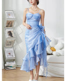 Blush Pink Spaghetti Straps Sleeveless Chiffon Prom Dress Vintage Birthday Evening Dress HZ1024