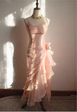 Blush Pink Spaghetti Straps Sleeveless Chiffon Prom Dress Vintage Birthday Evening Dress HZ1024