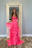 Hot Pink A-Line Strapless Chiffon Long Prom Dress Layered Slit Sleeveless Evening Gown HZ1024