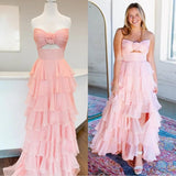 Hot Pink A-Line Strapless Chiffon Long Prom Dress Layered Slit Sleeveless Evening Gown HZ1024