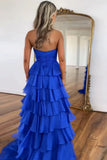 Hot Pink A-Line Strapless Chiffon Long Prom Dress Layered Slit Sleeveless Evening Gown HZ1024