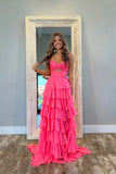Hot Pink A-Line Strapless Chiffon Long Prom Dress Layered Slit Sleeveless Evening Gown HZ1024