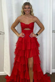 Hot Pink A-Line Strapless Chiffon Long Prom Dress Layered Slit Sleeveless Evening Gown HZ1024
