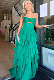 Hot Pink A-Line Strapless Chiffon Long Prom Dress Layered Slit Sleeveless Evening Gown HZ1024