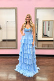 Hot Pink A-Line Strapless Chiffon Long Prom Dress Layered Slit Sleeveless Evening Gown HZ1024