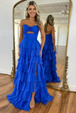 Hot Pink A-Line Strapless Chiffon Long Prom Dress Layered Slit Sleeveless Evening Gown HZ1024