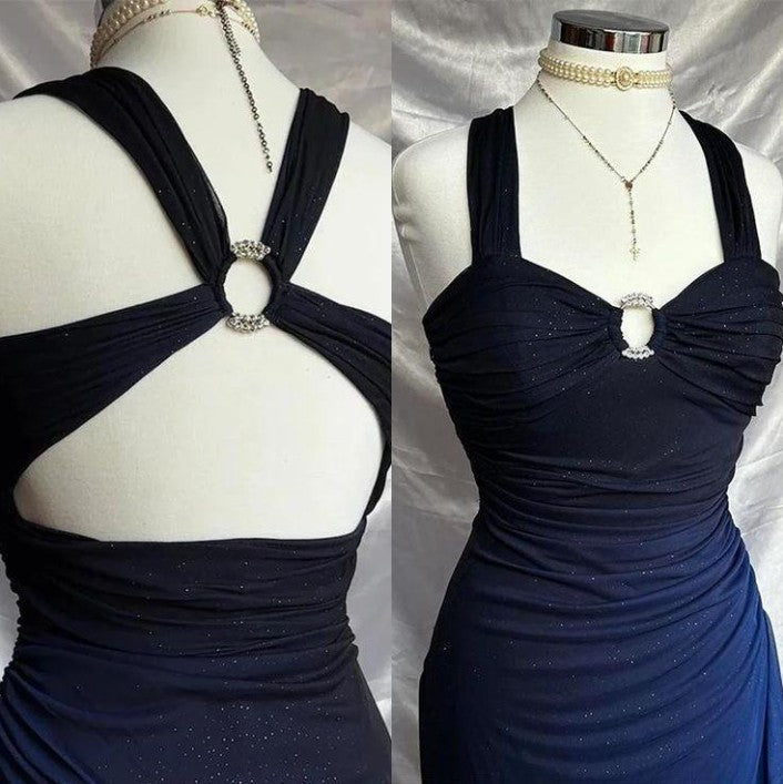 dresses under $160||Elegant Gradient Navy Blue Sheath Spaghetti Straps Sparkling Chiffon Prom Dress for Party HZ1024