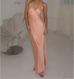 V-neck Sheath Halter Satin Backless Long Prom Dress Pretty Evening Dress HZ1024
