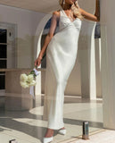 V-neck Sheath Halter Satin Backless Long Prom Dress Pretty Evening Dress HZ1024