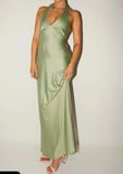 V-neck Sheath Halter Satin Backless Long Prom Dress Pretty Evening Dress HZ1024