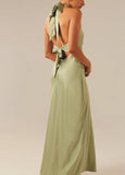 V-neck Sheath Halter Satin Backless Long Prom Dress Pretty Evening Dress HZ1024