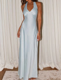 V-neck Sheath Halter Satin Backless Long Prom Dress Pretty Evening Dress HZ1024
