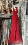 Black Halter A-Line Chiffon&Tulle Open Back Prom Dresses Birthday Dresses HZ1024
