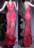 Hot Pink Halter Mermaid Long Prom Dress Vintage Beaded Backless Evening Gown HZ1024