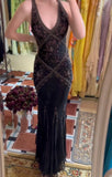 Black Beaded Halter Neck Mermaid Chiffon Prom Dress for Party Enchanted Backless Sleeveless Evening Gown HZ1024