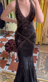 Black Beaded Halter Neck Mermaid Chiffon Prom Dress for Party Enchanted Backless Sleeveless Evening Gown HZ1024