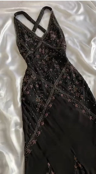 Black Beaded Halter Neck Mermaid Chiffon Prom Dress for Party Enchanted Backless Sleeveless Evening Gown HZ1024