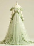 Light Green A-Line Off Shoulder Neck Tulle Long Prom Dress Birthday Prom Dress HZ1024