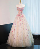 Pink Beaded Flowers A-Line Strapless Long Prom Dress Gorgeous Formal Evening Dress HZ1024
