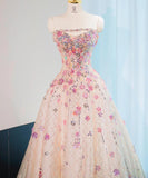 Pink Beaded Flowers A-Line Strapless Long Prom Dress Gorgeous Formal Evening Dress HZ1024