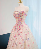 Pink Beaded Flowers A-Line Strapless Long Prom Dress Gorgeous Formal Evening Dress HZ1024
